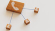 © RocknRoller Studios - Communication Technology Concept with phone Symbol on a Wooden Block. User Network Connections are Represented with Blue string. White background. 3D Render.