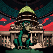 Illustration Of Monkey In Front Of Congress Building. Concept Of Political Corruption, Economical Downfall, End Of Capitalism.