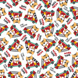 Fototapeta Dinusie - Seamless pattern of fire fighter car with tiger fire fighter animal cartoon. Creative vector childish background for fabric, textile, nursery wallpaper, card, poster and other decoration.