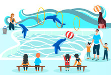 People Watching Dolphin Show, Entertainment For Family With Kids, Trained Animals Performance, Vector Illustration