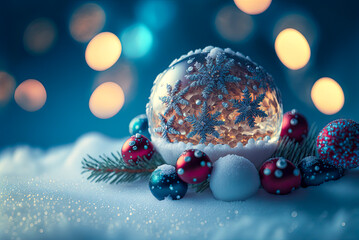 Wall Mural - Christmas ornaments lying on the snow, soft lighting, bokeh background. Generative AI