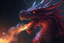 Red Dragon Breathing Fire. Mythology Creature. Dark Fantasy Illustration. Generative AI