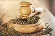 Legality of Medical Cannabis and Seeds, legal and illegal Cannabis, Seeds on the World - Wooden judge hammer and sound block with seeds and flower of marijuana CBD on the pinewood table background.