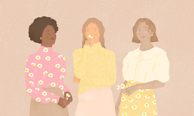 a group of three multi ethnic young beautiful elegant women standing together and holding chamomile flowers