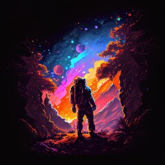 Poster - An astronaut on an alien planet. A high-tech astronaut from the future. The concept of space travel. Painting in eight-bit retro style. Generative AI Art