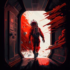 Wall Mural - An astronaut emerges from his spaceship. A high-tech astronaut from the future. The concept of space travel. Generative AI Art