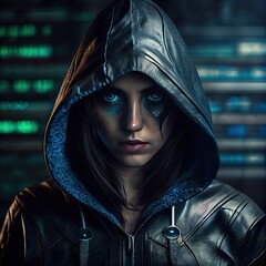 Portrait of a sci-fi cyberpunk hacker girl. High-tech futuristic woman from the future. The concept of virtual reality and cyberpunk. Generative AI Art.