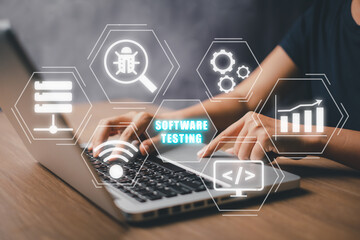 Woman hand typing keyboard computer with SOFTWARE TESTING inscription icon on VR screen, Business, modern technology, internet and networking concept.