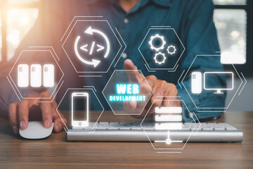 Wall Mural - web development coding programming internet technology business concept, young man using computer wi