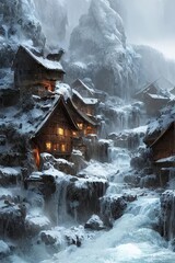 Wall Mural - Mountain village with wooden viking houses and waterfall in snowy winter evening. Generative ai.