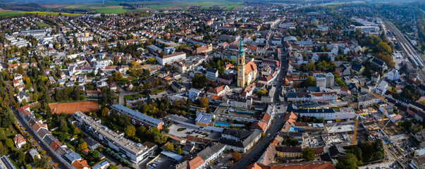 Wall Mural - Aerial wide view around the city Stockerau an der Donau in Austria on a sunny autumn day