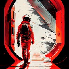 Wall Mural - An astronaut emerges from his spaceship. A high-tech astronaut from the future. The concept of space travel. Generative AI Art