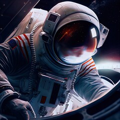 Wall Mural - Portrait of an fictional astronaut in a spacesuit. High-tech astronaut from the future. The concept of space travel. Generative AI Art