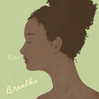 young African American woman breathing peacefully with her eyes closed with text breathe