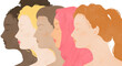 a group of five mindful multi ethnic women breathing together with their eyes closed on transparent background