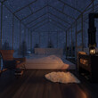 © Brilliant Eye - 3D rendering of cozy greenhouse with bed and fireplace in front of starry sky at night