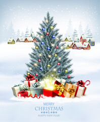 Poster - Holiday Christmas and Happy New Year background with a winter  Сhristmas tree, colorful presents and magic box. Vector.