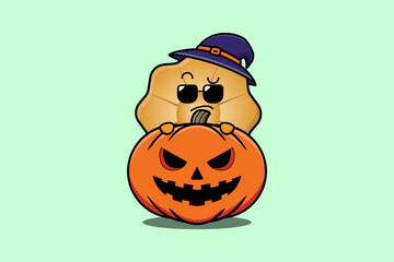 Poster - Cute Cookies cartoon character hiding in pumpkin halloween illustration in flat modern design