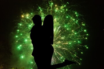 Wall Mural - Dark couple silhouette watching fireworks