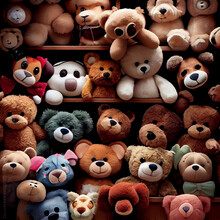 Shelves Full Of Old Forgotten Stuffed Teddy Bears. Generative Ai