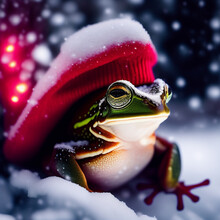 Frog In The Snow Dressed For Christmas