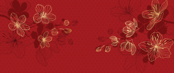 Wall Mural - Happy Chinese new year luxury style pattern background vector. Oriental sakura flower gold line art texture on red background. Design illustration for wallpaper, card, poster, packaging, advertising.