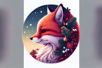 Wall Mural - Red Fox Badge in Christmas Hat