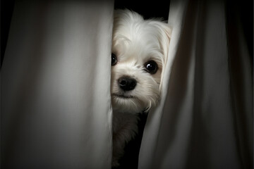 Poster - white Maltese dog puppy behind the curtain