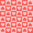 © Elena - Monochrome seamless pattern with hearts on a checkered background. Modern retro illustration for decoration. Aesthetic vector print in style 60s, 70s.