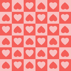Poster - Monochrome seamless pattern with hearts on a checkered background. Modern retro illustration for decoration. Aesthetic vector print in style 60s, 70s. 