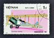 Cancelled postage stamp printed by Vietnam, that shows Curtiss JN-4 Jenny, 
“EXPO'86” World fair Vancouver (Historic Aircraft), circa 1986.