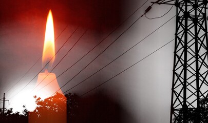 Sticker - Burning flame of big candle on the power lines background.