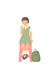 little Asian girl wearing uniform childhood memories eating Cantonese sausage bun on transparent background