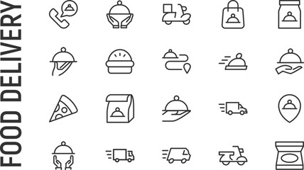 Sticker - Vector set of food delivery thin line icons.