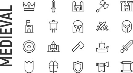 Wall Mural - Vector set of medieval thin line icons.