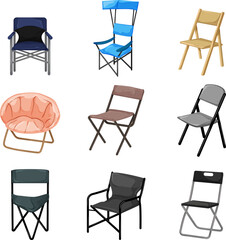 folding chair set cartoon. stool furniture, office seat, camp garden armchair, beach foldable folding chair vector illustration