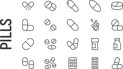 Poster - Vector set of pills thin line icons.