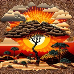 savannah in tribal pattern style. generative ai.