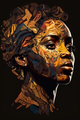 Portrait of woman in tribal pattern. Generative AI.	