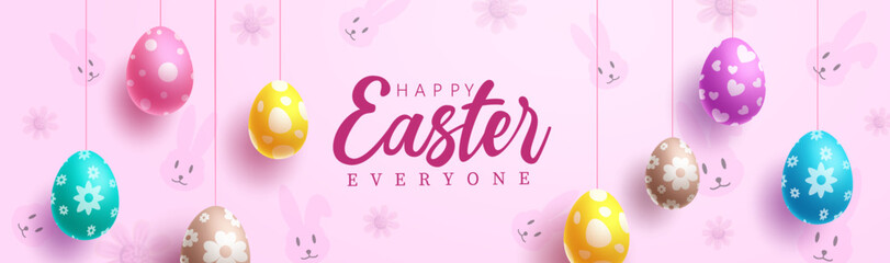 Wall Mural - Happy easter vector background design. Easter happy text in empty space with hanging colorful eggs for greeting and invitation card. Vector Illustration.
