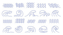 Line Waves. Ocean Surf Curl, Sea Wave Crest And Water Surface Swing. Line Art Lake, Doodle Aqua And River Vector Icons Set