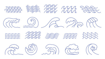 Line waves. Ocean surf curl, sea wave crest and water surface swing. Line art lake, doodle aqua and river vector icons set