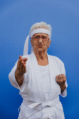 Wall Mural - Funny grandmother portraits. Old woman doing karate and martial arts