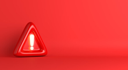 red triangle warning sign exclamation mark, copy space text, 3d rendering illustration