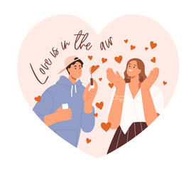 Sticker - Love couple in heart. People, happy man and woman on Saint Valentine day. Romantic phrase, quote about affection and holiday fun for 14 February. Flat vector illustration isolated on white background