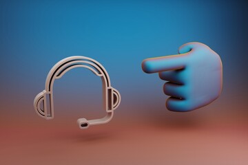 Poster - Beautiful illustrations abstract Hand index finger points to Big Headphones with Microphone symbol icon on a multicolor bright background. 3d rendering illustration. Background pattern for design. 
