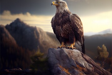 Wall Mural -  a bald eagle sitting on a rock in the mountains with a cloudy sky behind it and a mountain range in the background. Generative AI