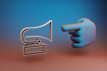 Poster - Beautiful illustrations abstract Hand index finger points to Old Gramophone symbol icon on a multicolor bright background. 3d rendering illustration. Background pattern for design. Musical object.