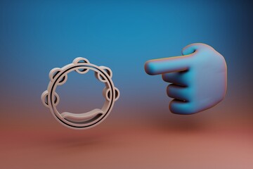 Poster - Beautiful illustrations abstract Hand index finger points to Big Tambourine symbol icon on a multicolor bright background. 3d rendering illustration. Background pattern for design. Musical object.