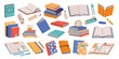 Books collection. Stack of open closed paper notebook diary textbook dictionary planners with bookmarks, cartoon literature objects. Vector colorful collection